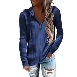 Damen Herbst Winter Rippstrick Langarm Hoodies Reißverschluss mit Kordelzug Lässige Lockere Strickjacke Outwear Mantel(M-Blau) von Cocoarm