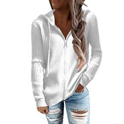 Damen Herbst Winter Rippstrick Langarm Hoodies Reißverschluss mit Kordelzug Lässige Lockere Strickjacke Outwear Mantel(XL-Weiß) von Cocoarm