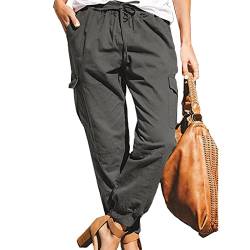 Damen Hosen Cargo Hose Multi Taschen Cargohose Elastische Taille Elegant Einfarbig Freizeithosen Loose Fit Yogahose Jogginghose Sporthose Workwear Wanderhose Outdoorhose Trekkinghose mit(XXL-Grau) von Cocoarm