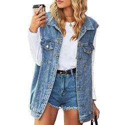 Damen Jeansweste Ärmellose Jeansjacke Vintage Single Breasted Denim Weste Vest Frühling Cardigan Top Beiläufige Vintage Gewaschene Jacke Weste Outwear(L-Blau) von Cocoarm