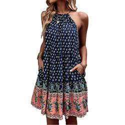 Damen Kleider Sommer Böhmen Blumendruck kurzes Kleider Swing Strandkleider Rückenfreies ärmellos hohe Taille Neckholder Kleid Minikleid Sommerkleider Freizeitkleid für Alltag(S-Dunkelblau) von Cocoarm