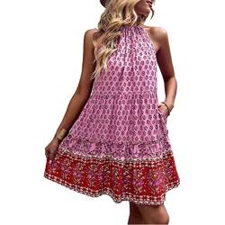 Damen Kleider Sommer Böhmen Blumendruck kurzes Kleider Swing Strandkleider Rückenfreies ärmellos hohe Taille Neckholder Kleid Minikleid Sommerkleider Freizeitkleid für Alltag Freizeit(m-Rosa) von Cocoarm