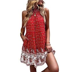 Damen Kleider Sommer Böhmen Blumendruck kurzes Kleider Swing Strandkleider Rückenfreies ärmellos hohe Taille Neckholder Kleid Minikleid Sommerkleider Freizeitkleid für Alltag Freizeit(m-rot) von Cocoarm