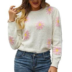 Damen Langarm-Oberteile Gerippter Rundhalsausschnitt Gestrickter Pullover Lässiges Blumenmuster Gestrickter Pullover Kurzer Typ Warme Pullover Shirts (S) von Cocoarm