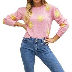 Damen Langarm-Oberteile Gerippter Rundhalsausschnitt Gestrickter Pullover Lässiges Blumenmuster Gestrickter Pullover Kurzer Typ Warme Pullover Shirts (S) von Cocoarm