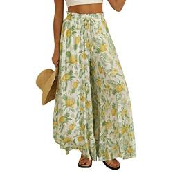 Damen Leinenhose Damen Weite Bein Sommer Hose Ruffle Floral Prints mit Hohe Taille Elastische Kordel Sommer Hawaii Freizeithose Loose Stoffhose Lange Yogahose Boho Strandhose (M) von Cocoarm