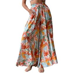 Damen Leinenhose Damen Weite Bein Sommer Hose Ruffle Floral Prints mit Hohe Taille Elastische Kordel Sommer Hawaii Freizeithose Loose Stoffhose Lange Yogahose Boho Strandhose (XL) von Cocoarm