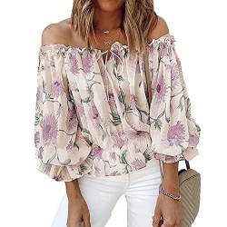 Damen Off Shoulder Bluse Schulterfrei Tops Blumen Muster Oberteile Puffärmel Casual Lose Tunika Rüschenhülse V-Ausschnitt 3/4 Trompetenärmel Casualshirt Sommertop T-Shirt(L-Aprikose) von Cocoarm