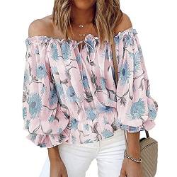 Damen Off Shoulder Bluse Schulterfrei Tops Blumen Muster Oberteile Puffärmel Casual Lose Tunika Rüschenhülse V-Ausschnitt 3/4 Trompetenärmel Casualshirt Sommertop T-Shirt(S-Rosa) von Cocoarm