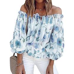 Damen Off Shoulder Bluse Schulterfrei Tops Blumen Muster Oberteile Puffärmel Casual Lose Tunika Rüschenhülse V-Ausschnitt 3/4 Trompetenärmel Casualshirt Sommertop T-Shirt(m-Blau) von Cocoarm