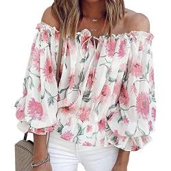 Damen Off Shoulder Bluse Schulterfrei Tops Blumen Muster Oberteile Puffärmel Casual Lose Tunika Rüschenhülse V-Ausschnitt 3/4 Trompetenärmel Casualshirt Sommertop T-Shirt(m-Weiß) von Cocoarm