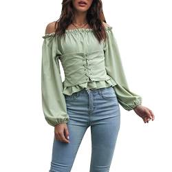 Damen Renaissance Bluse Steampunk Victorian Shirt Langarm Schulterfrei Tops mit Puffärmel Casualshirt Oberteil(L-Hellgrün) von Cocoarm