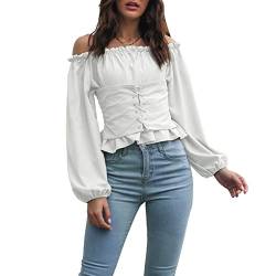 Damen Renaissance Bluse Steampunk Victorian Shirt Langarm Schulterfrei Tops mit Puffärmel Casualshirt Oberteil(L-Weiß) von Cocoarm