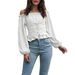 Damen Renaissance Bluse Steampunk Victorian Shirt Langarm Schulterfrei Tops mit Puffärmel Casualshirt Oberteil(XL-Weiß) von Cocoarm