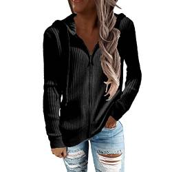 Damen Rippstrick Jacke Mantel Langarm Hoodies Pullover mit Reißverschluss und Kordelzug Lässige Lockere Strickjacke Outwear Casual Oberteile Herbst Winter(XL-Schwarz) von Cocoarm