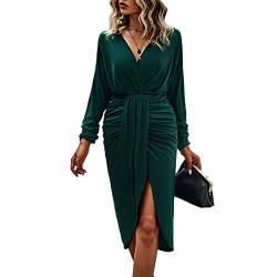 Damen Sexy Bodycon Kleid V-Ausschnitt Langarm Kleid Geraffte Taille Freizeitkleid Partykleid Hüfte Wrap Saum Cocktailkleid Abendkleid Casual Slim Fit Kleider(L-Grün) von Cocoarm