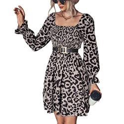 Damen Sexy Kurzes Kleid eckiger Kragen Langarm Freizeitkleid Hohe Taille Rückenfrei Partykleid Cocktailkleid Elegant Tunikakleid mit Leopardenmuster Kein Gürtel(S-Grau) von Cocoarm