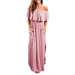 Damen Sexy Langes Kleid Off Shoulder Hohe Taille Maxikleid Abendkleid Bandeaukleid Schulterfreies Kleider Partykleid Cocktailkleid mit Volant Ausschnitt und Seitenschlitz(S-Rosa) von Cocoarm