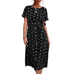 Damen Sommerkleid Polka Dots Kurzarm Rundhals Strandkleid Hohe Taille Mittellanges A Linie Kleid Elegant Casual Lose Cocktail Party Kleider Tunikakleid mit Taille Gürtel(m-Schwarz) von Cocoarm