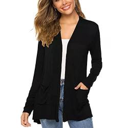 Damen-Strickjacke Pure Color Open Front Cardigan Long Sleeve Cardigan Top Lightweight Casual Cardigan Outwear Mid Length Loose Open Front Top für Frühling und Herbst(L-Schwarz) von Cocoarm