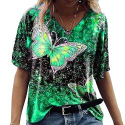 Damen T-Shirt Frauen Halbe Ärmel Top Fancy und Schmetterlinge Muster Bluse V-Ausschnitt Casual Oberteile (XXL) von Cocoarm