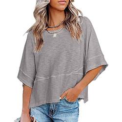 Damen T Shirt Kurzarm Rundhalsausschnitt Bluse Halbe Ärmel Top Sommer 3/4 Ärmel Tunika Oberteil Elegant Einfarbig Lässig Shirts (M) von Cocoarm