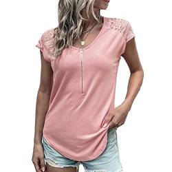Damen T Shirt Sommer Spitze Kurzarm Sexy V-Ausschnitt Oberteile Casual Loose T-Shirt Einfarbig Elegant Top Bluse mit Halbem Reißverschluss Design(S-Rosa) von Cocoarm
