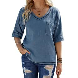 Damen V-Ausschnitt Oberteile mit Brusttasche mittlere Ärmel Top Damen Oversize T-Shirt Sommer Bequemer Lockere Longshirt Blusen Freizeit Einfarbig Top (XXL) von Cocoarm