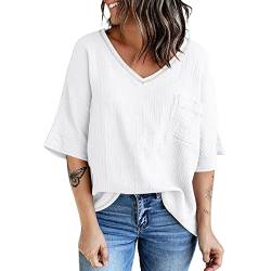 Damen V-Ausschnitt Oberteile mit Brusttasche mittlere Ärmel Top Damen Oversize T-Shirt Sommer Bequemer Lockere Longshirt Blusen Freizeit Einfarbig Top (XXL) von Cocoarm