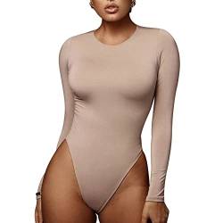 Damenbody Langarm Frauen Overall Bodysuit Rundhals Eleganter Jumpsuit Damen Body Optimale Alternative für Sport & Freizeit(Aprikose-L) von Cocoarm