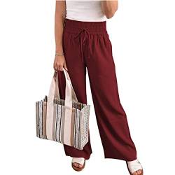 Damenhose mit Hoher Taille, Locker, Weitem Bein, Einfarbig, Elastischer Taille, Lounge-Kordelzug, Fließender Hose mit Taschen(M-Weinrot) von Cocoarm