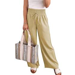 Damenhose mit Hoher Taille, Locker, Weitem Bein, Einfarbig, Elastischer Taille, Lounge-Kordelzug, Fließender Hose mit Taschen(XL-Khaki) von Cocoarm