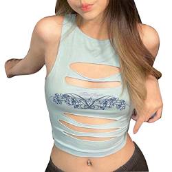 Frauen Ärmelloses Top Rundhals Kurzes Oberteil Mode Ausschnitt Streifen Crop Shirt Sommer Tanktop(M-Blau) von Cocoarm