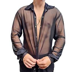 Herren Langarmshirt Transparent Netzhemd Mesh Top Netz Shirt Hemd mit Knöpfen Sexy Erotik Unterwäsche Clubwear(L-Schwarz) von Cocoarm
