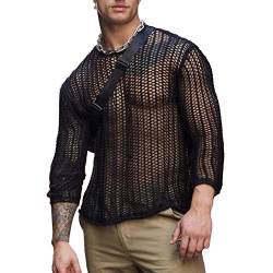 Herren Muskel Transparent Shirts Langarm Netz Unterhemd Fishnet Durchsichtig T-Shirt Sexy Mesh Top Clubwear(L-Schwarz) von Cocoarm