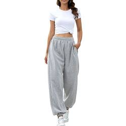 Jogginghose Damen Hosen Oversized Lang Freizeithosen Lässige Loose Sweathose Elastischer Bund Sporthose mit Taschen Casual Mode Herbst Winter Trainingshose mit extra Flaum(S-Grau) von Cocoarm