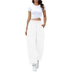 Jogginghose Damen Hosen Oversized Lang Freizeithosen Lässige Loose Sweathose Elastischer Bund Sporthose mit Taschen Casual Mode Herbst Winter Trainingshose mit extra Flaum(XL-Weiß) von Cocoarm