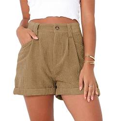 Kurze Hosen für Damen, Mittlere Taille, Sommershorts, Atmungsaktive Cord-Shorts, Reine Farbe, Lässige Shorts mit Taschen (L) von Cocoarm