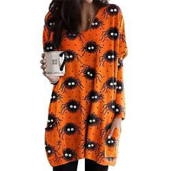 Langärmliges Halloween-T-Shirt für Damen, Langes, Lässiges Halloween-Oberteil, Locker Geschnittenes Pullover-Oberteil mit Rundhalsausschnitt und Taschen (M) von Cocoarm