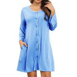 Nachthemd Damen Rundhalsausschnitt Nachtkleid Nachtwäsche mit Knöpfe Schlafanzug Pyjama mit 3/4 Ärmel Pyjamakleid(2XL-Hellblau) von Cocoarm