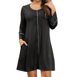 Nachthemd Damen Rundhalsausschnitt Nachtkleid Nachtwäsche mit Knöpfe Schlafanzug Pyjama mit 3/4 Ärmel Pyjamakleid(2XL-Schwarz) von Cocoarm