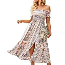 Sommerkleid Damen Sommer Schulterfreies Kleid Maxi Kleider Strandkleid Wickelkleid Ärmellos Blumenkleid Boho Drucken Casual Partykleid Strandkleider Schlitz Freizeitkleid Lang Kleid(S-Aprikose) von Cocoarm