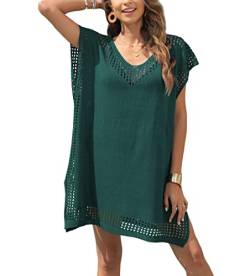 Codkkre Damen Gestrickte Strandkleid Sommer Kurz Knielang Badeanzug Bikini Cover Up Strandponcho V-Ausschnitt Sexy Beachwear Cutout Crochet Cover Ups, Grün von Codkkre