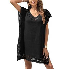 Codkkre Damen Gestrickte Strandkleid Sommer Kurz Knielang Badeanzug Bikini Cover Up Strandponcho V-Ausschnitt Sexy Beachwear Cutout Crochet Cover Ups, Schwarz von Codkkre