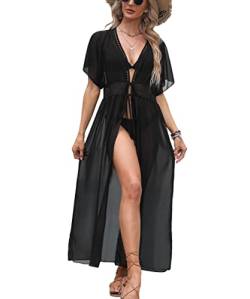 Codkkre Damen Sommer Maxi Strandkleid Bikini Badeanzug Cover Up Kimono Lang Leichte Chiffon Strickjacke Beachwear Boho Strand Cardigan Beach Maxi Dress, Schwarz, L von Codkkre