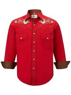 COEVALS CLUB Herren Western Cowboy Langarm Snap Stickerei Hemden Casual Button Down Hemd mit Taschen, 4# Rot (Muster 3), XL von Coevals Club