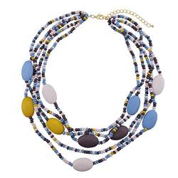 Multi Farbe 5 Schichten Holz Perlen Strang Statement Halskette für Frauen Chunky Kragen (N0019) (N0019-Blue Mix) von Coiris