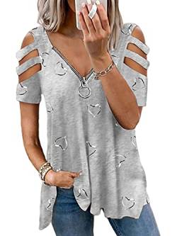 Colisha Damen Cold Shoulder Bluse Tops Damen Kurzarm Lose Reißverschluss V-Ausschnitt T Shirts Casual Print Tunika Aushöhlen Schulter Tee Shirt, Herz Grau, XXXXXL von Colisha