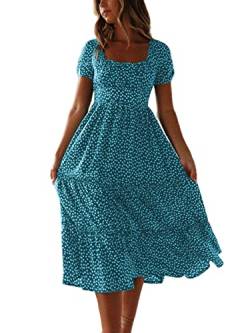 Colisha Damen Maxikleid mit kurzen Puffärmeln, quadratischem Ausschnitt, Blumenmuster, ausgestellt, fließend, Chiffon, Maxikleid, Sommer, Strand, Urlaub, blau, X-Large von Colisha