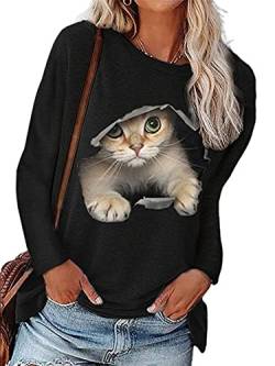 Colisha Damen-T-Shirt mit niedlichem 3D-Katzen-Druck, langärmelig, Rundhalsausschnitt, Übergröße, Oberteil für Damen, Schwarz , XXXXL von Colisha